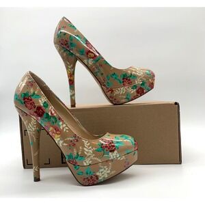 Breckelle's Platform Stiletto Pump Heels Womens 8 Beige Floral Round Toe Slip On